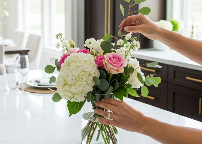 woman-arranging-fresh-flowers-in-her-kitchen-landscape Woman arranging flowers in kitchen vase.